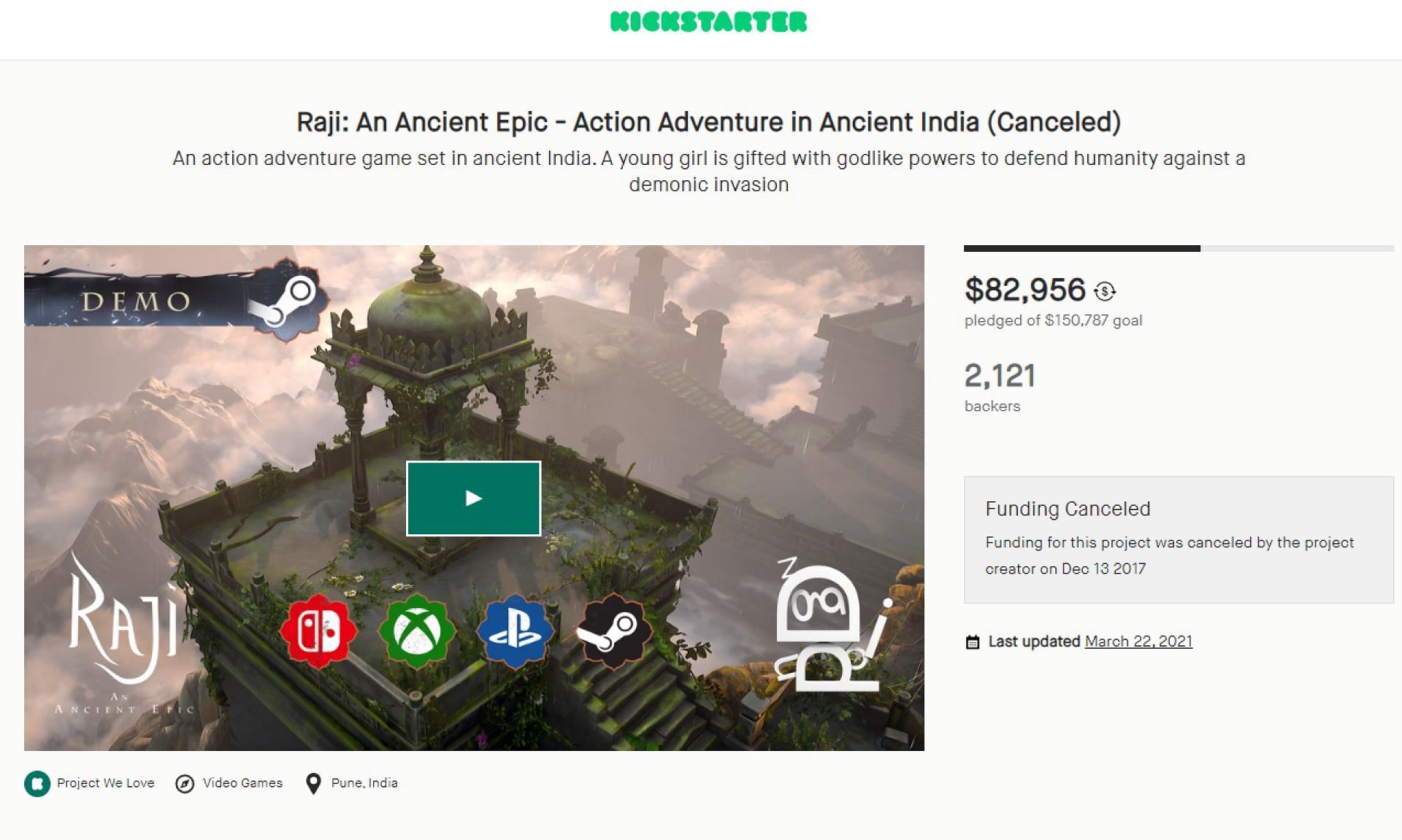 Raji being canceled on Kickstarter (Image via Kickstarter)