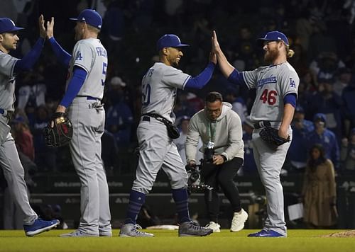 The Dodgers celebrate after a victory at Wrigley Field. Los Angeles Dodgers v Chicago Cubs - Game Two