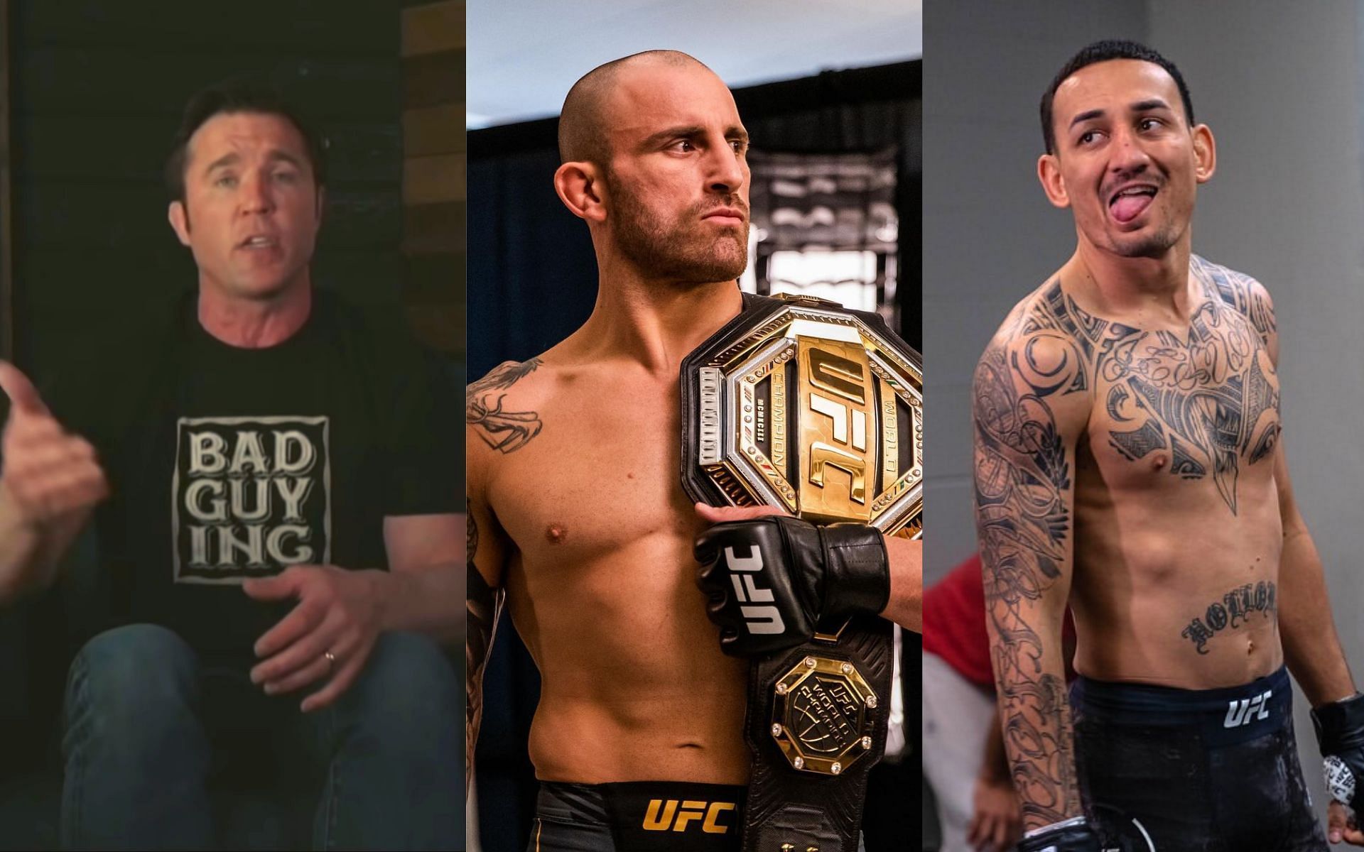 Chael Sonnen (left), Alexander Volkanovski (center), Max Holloway (right) [Images via Chael Sonnen on YouTube, @alexvolkanovski, and @blessedmma on Instagram]