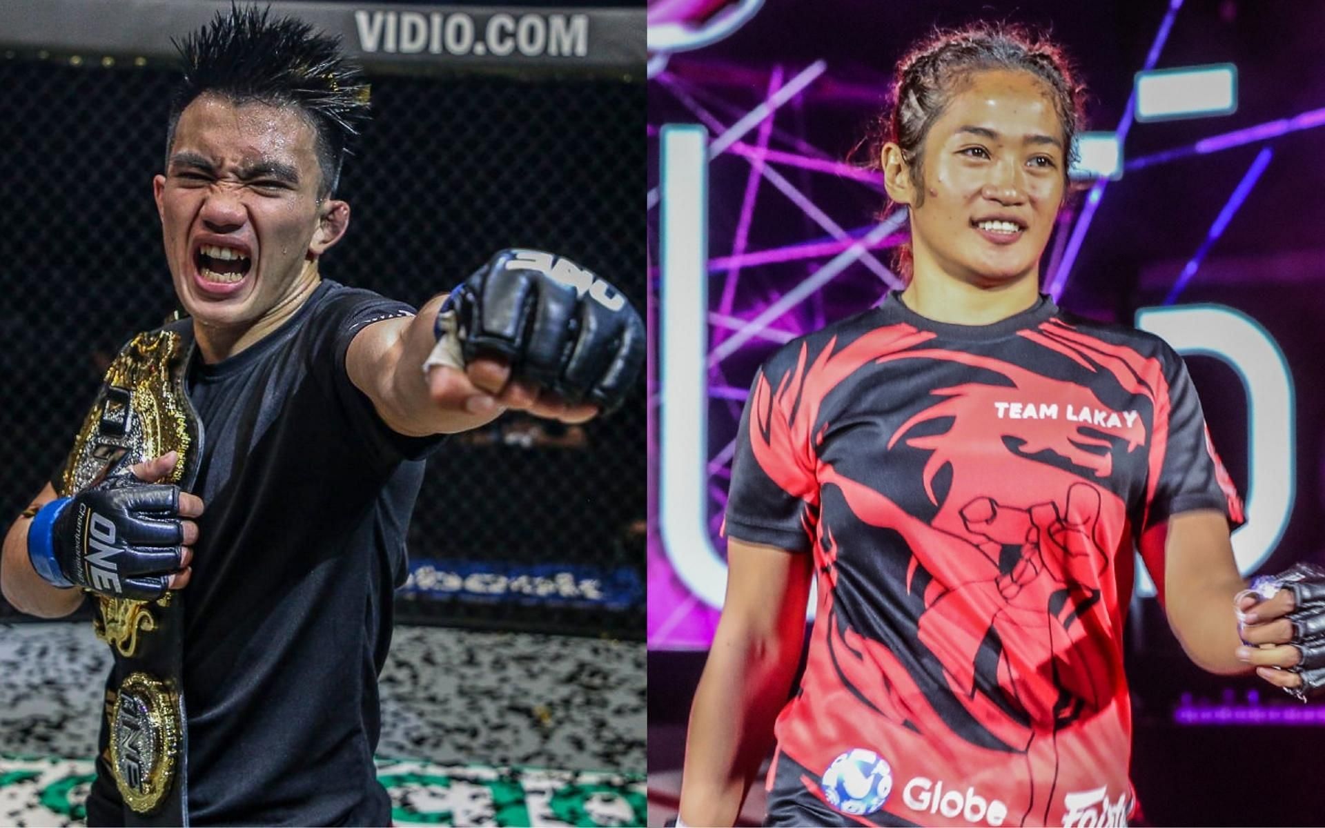 ONE strawweight world champion Joshua Pacio (left) shows support for his teammate Jenelyn Olsim in her fight at ONE 158. (Images courtesy of ONE Championship)