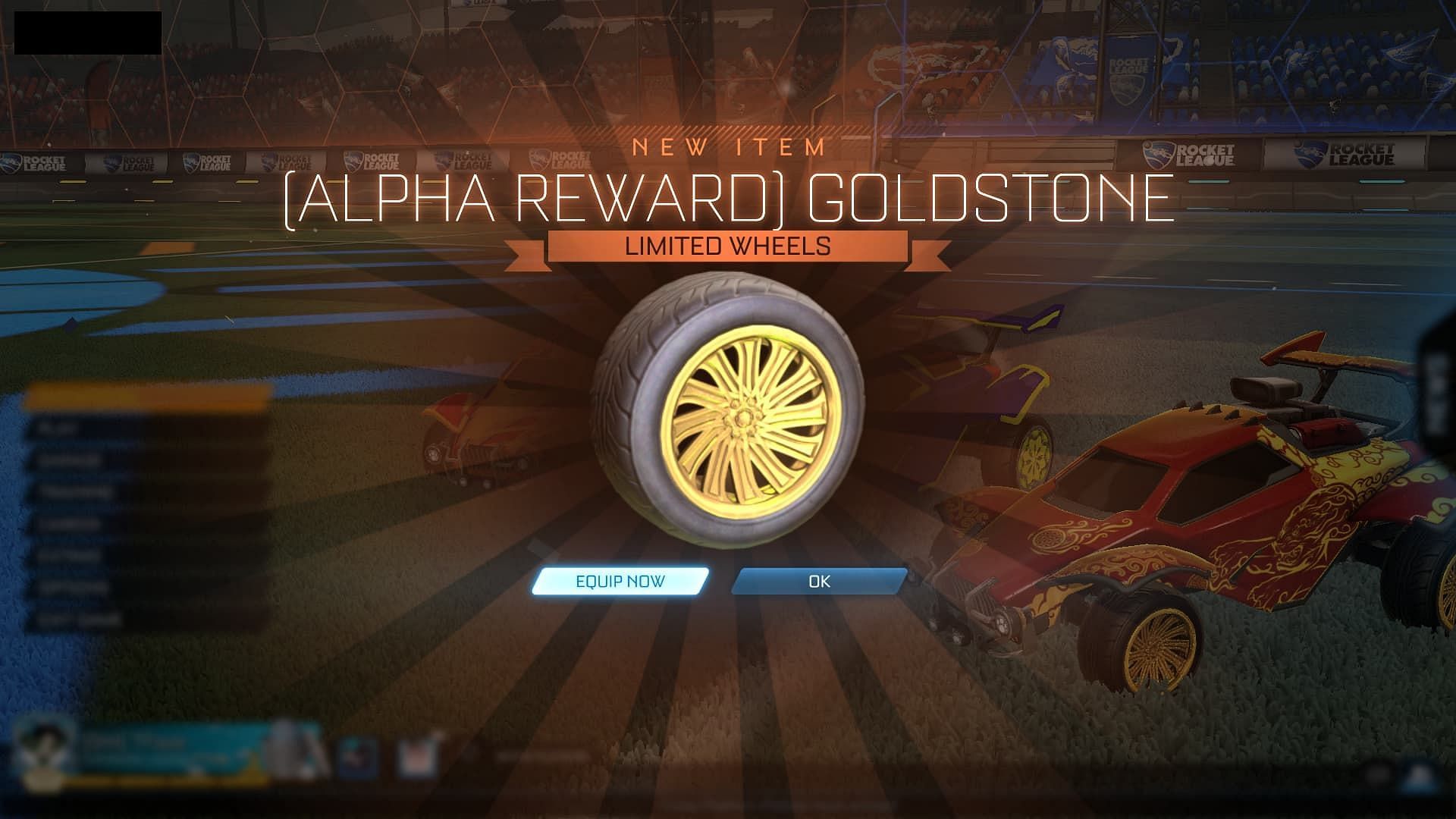 A player receives the Goldstone wheel cosmetic (Image via Psyonix)