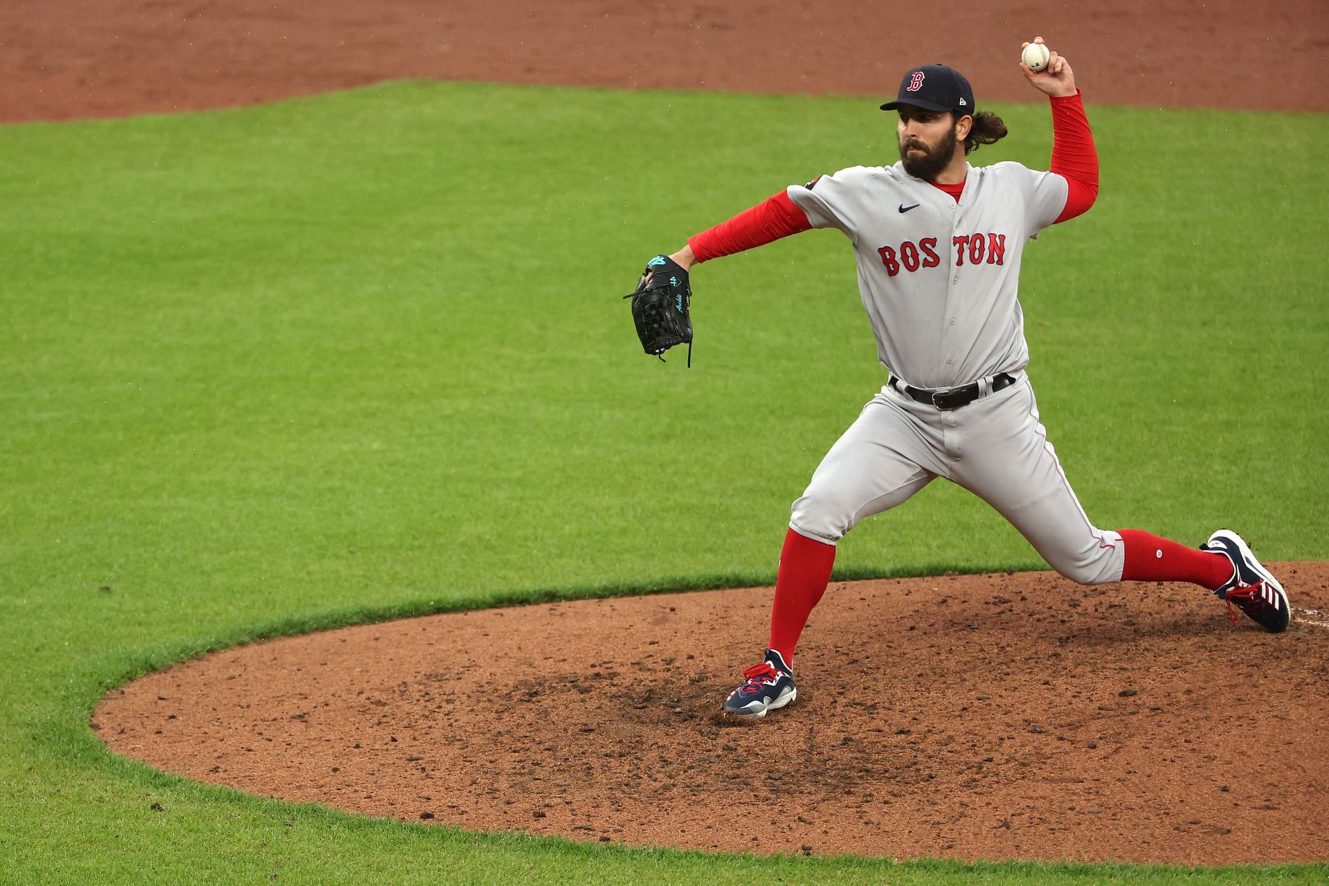 Austin Davis of the Boston Red Sox works the fifth inning against the Baltimore Orioles.