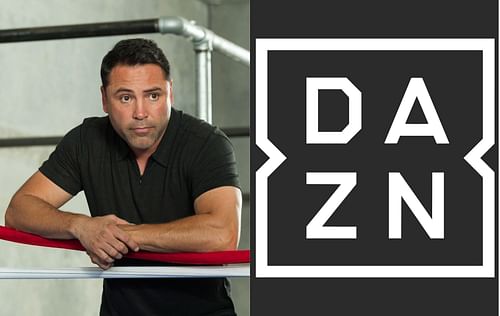 Oscar De La Hoya, CEO of Golden Boy Promotions (Left), DAZN logo (Right)