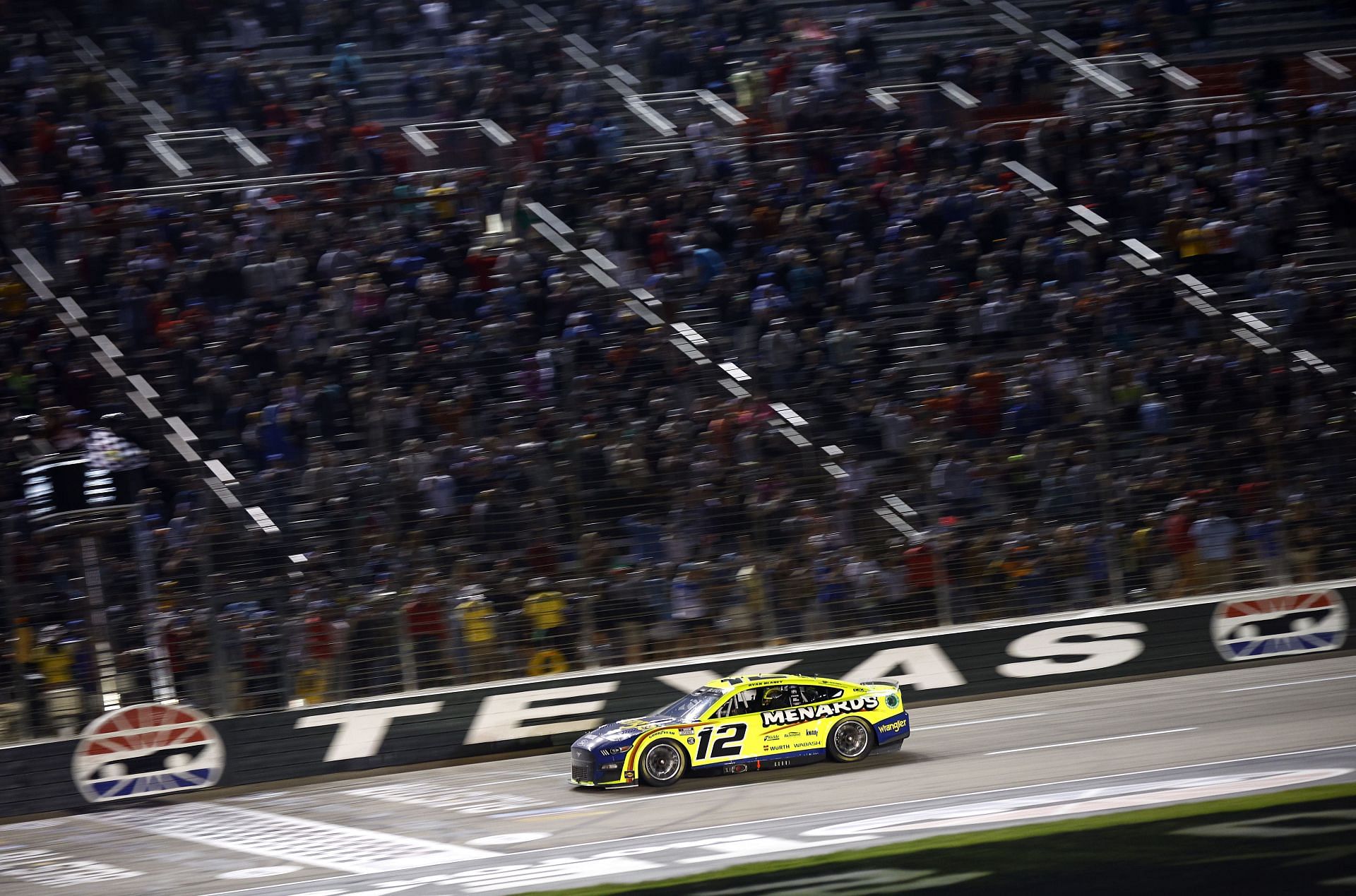 Ryan Blaney crosses the finish line to win the NASCAR Cup Series All-Star Race at Texas Motor Speedway (Photo by Jared C. Tilton/Getty Images)