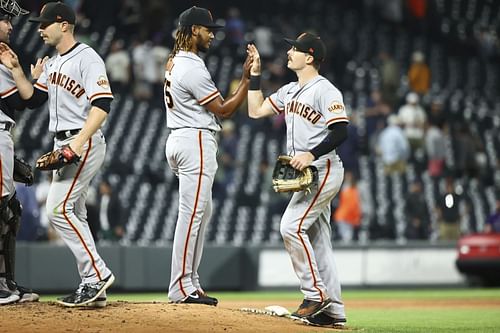 The San Francisco Giants celebrating after a win