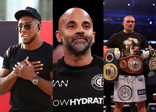 Anthony Joshua (left), Dave Coldwell (center), Oleksandr Usyk (right)