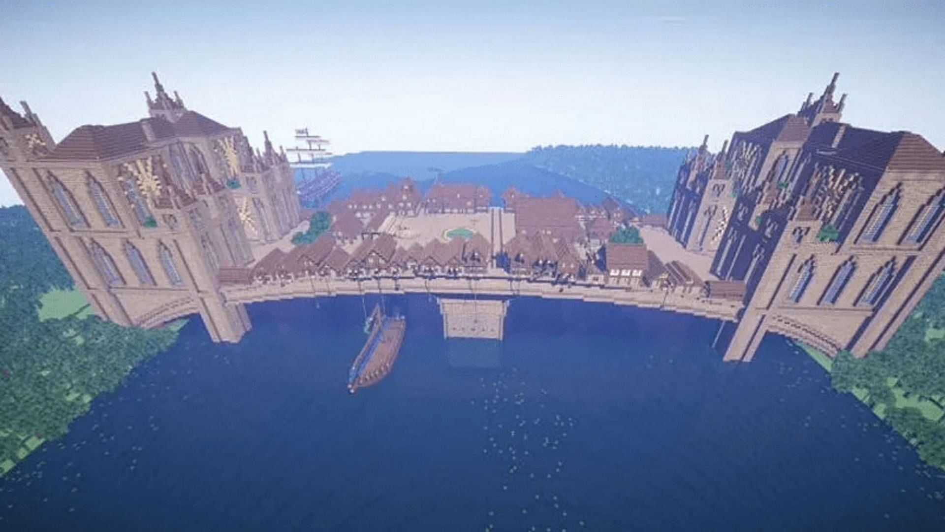 This bridge build is large enough to house an entire small town/city on its walkway (Image via Mojang)