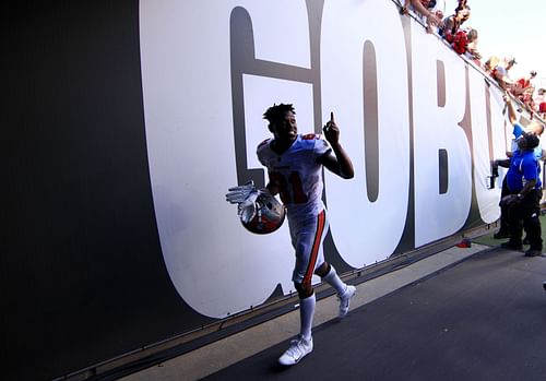 Former Tampa Bay Buccaneers wide receiver Antonio Brown walks off the field after an NFL game