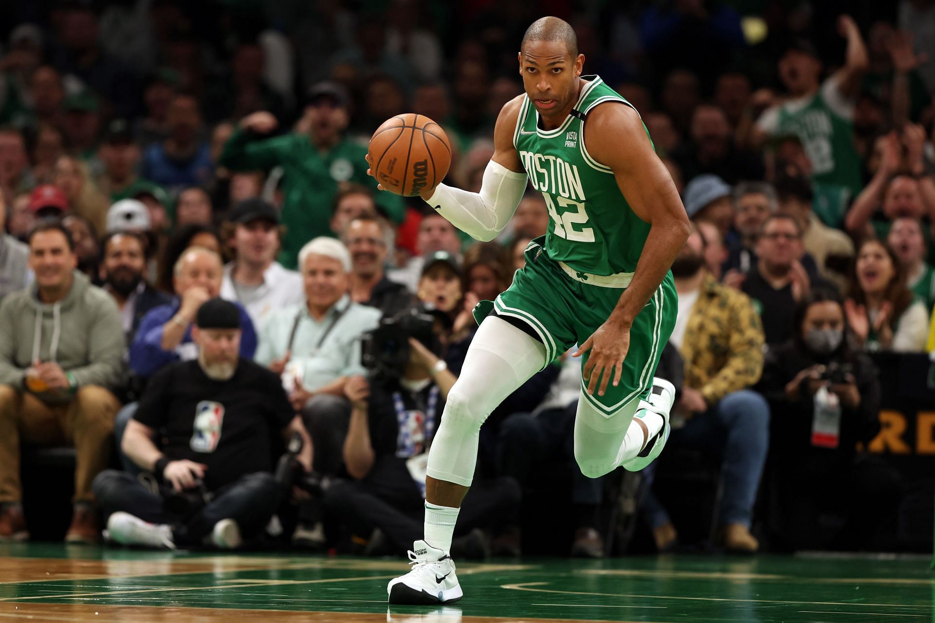 Al Horford dribbles the ball in Game 2