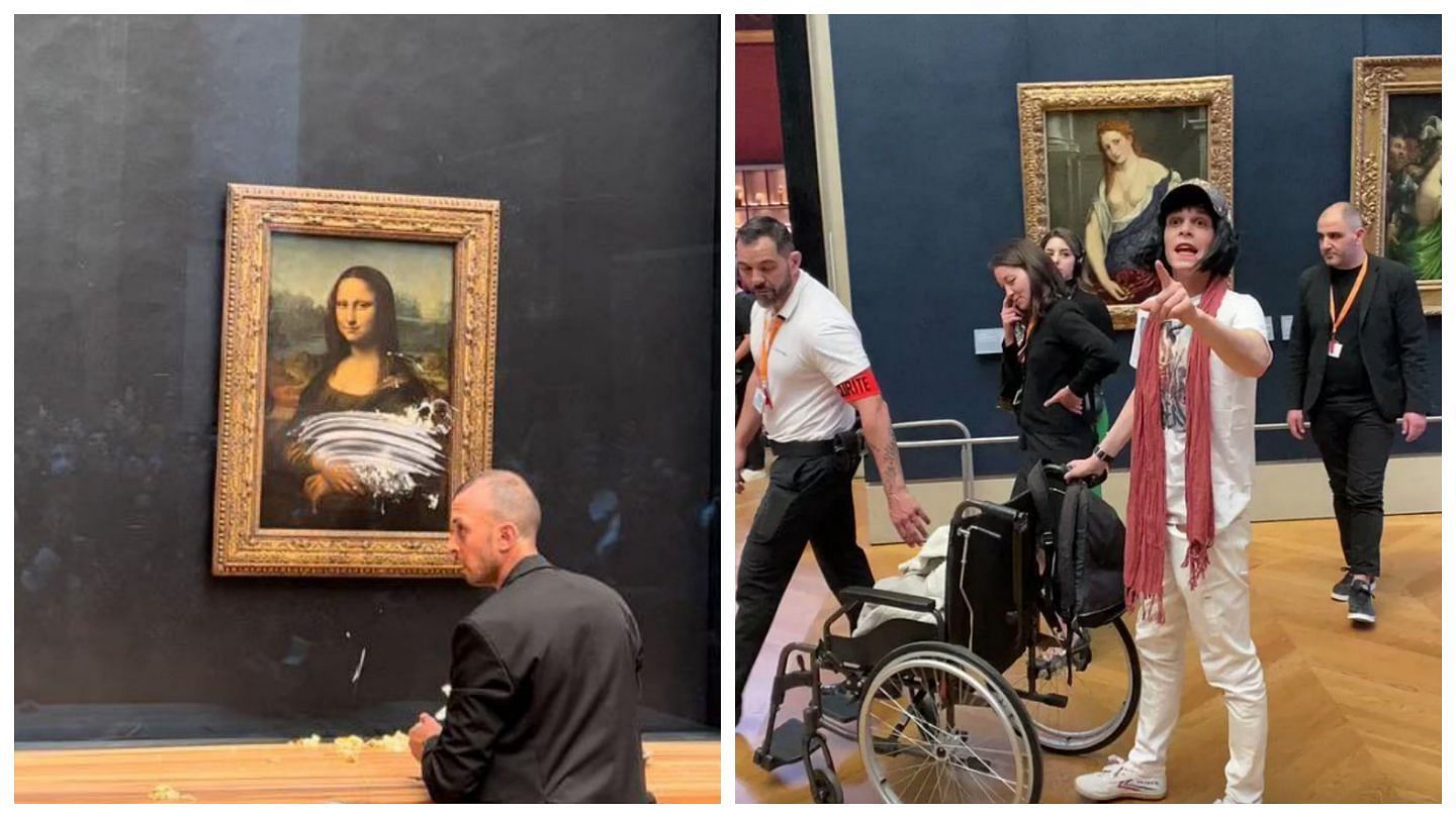 Mona Lisa vandalized with cake at the Louvre (Image via @lukeXC2002/Twitter)