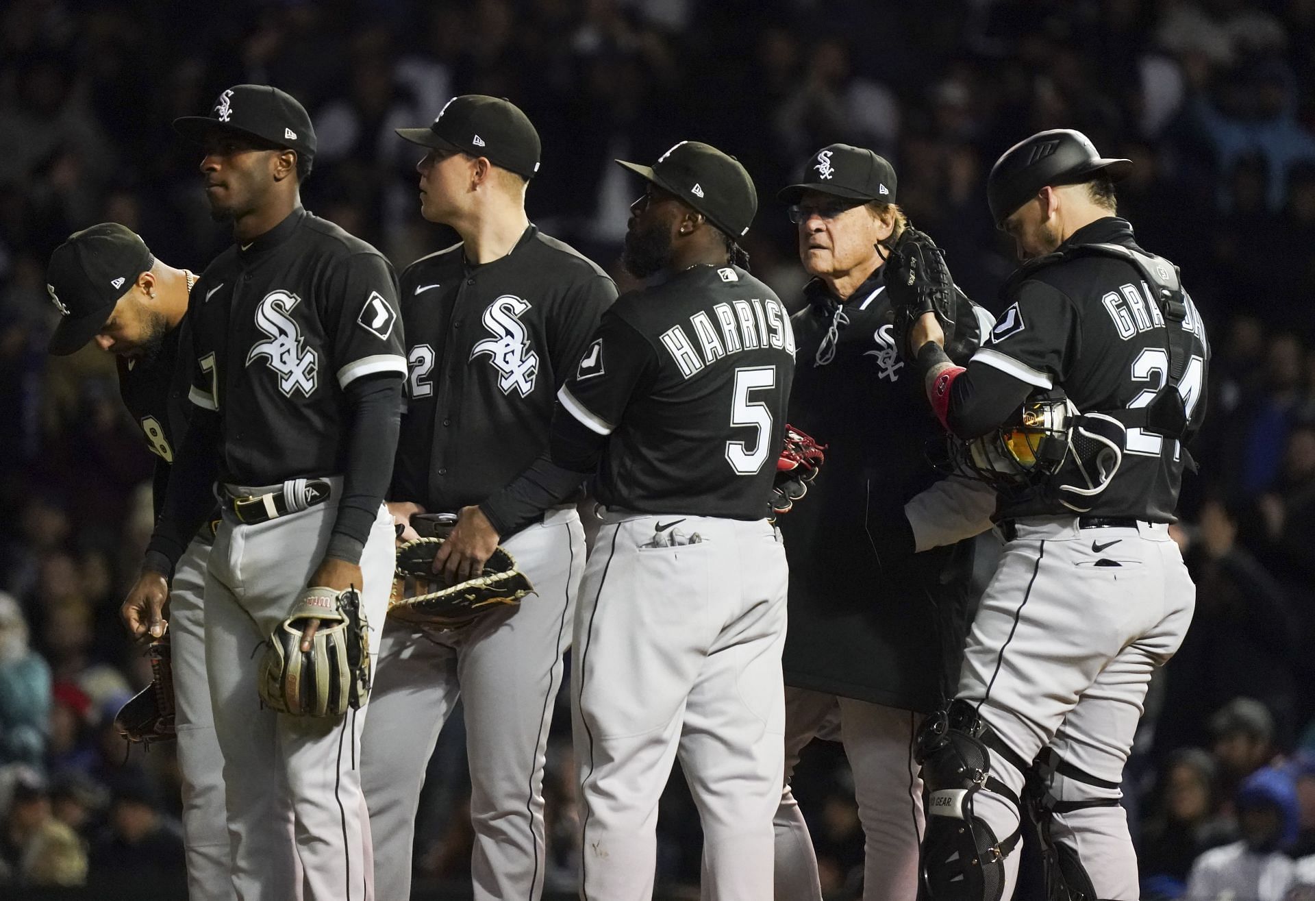 Manager Tony La Russa of the Chicago White Sox visits the mound for a pitching change.