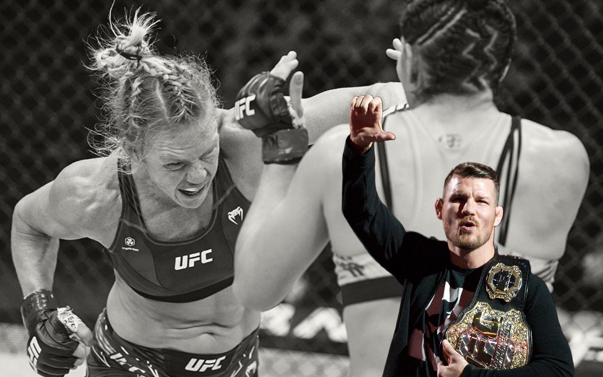 Holly Holm (left), Ketlen Vieira (center) and Michael Bisping (right) (Images via Twitter/@ESPNMMA and Getty)