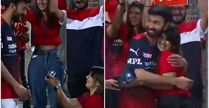 [Watch] A woman gets down on her knee to propose to her boyfriend during RCB vs CSK tie