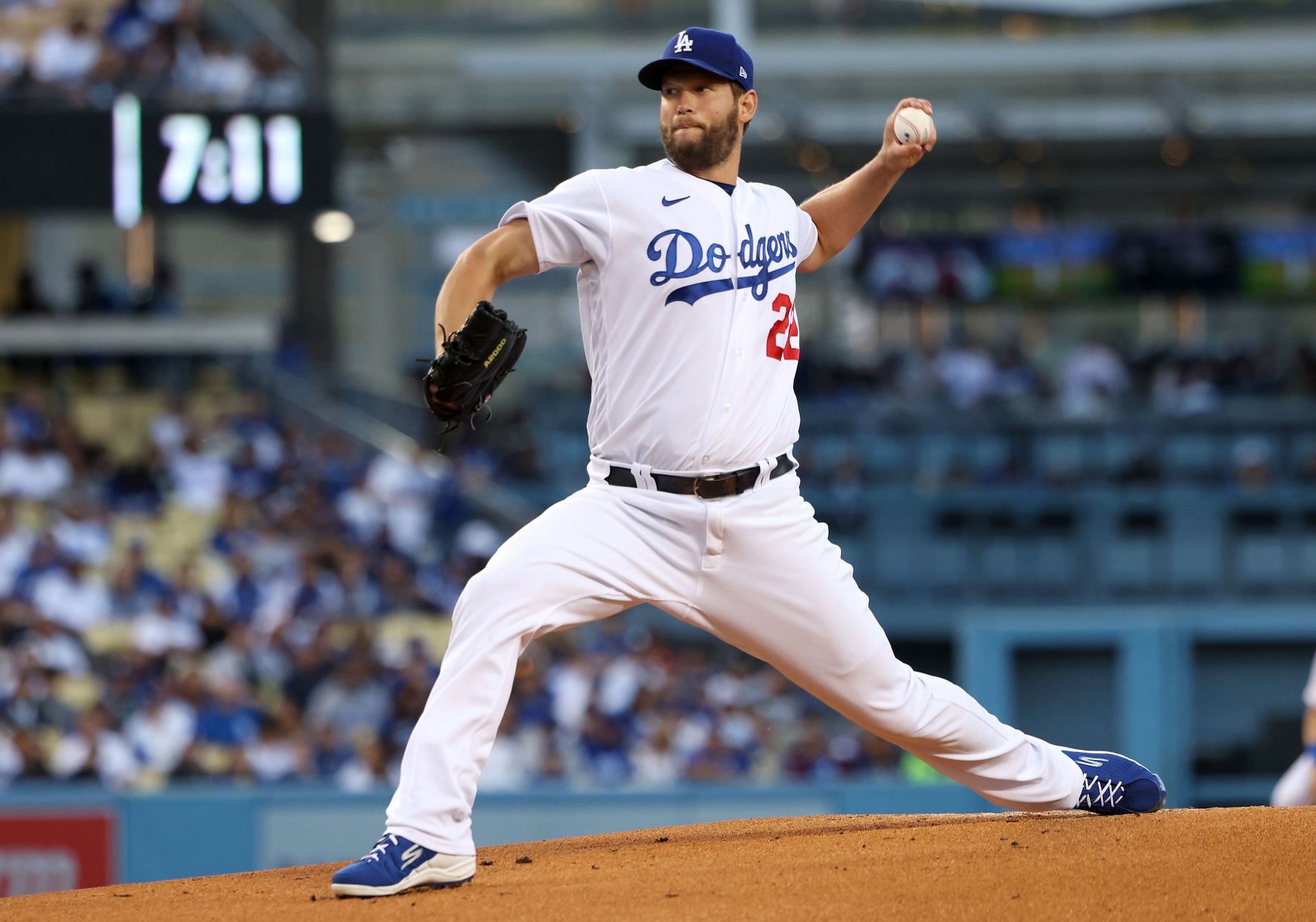Clayton Kershaw of the Los Angeles Dodgers pitches during the first inning against the Detroit Tigers.