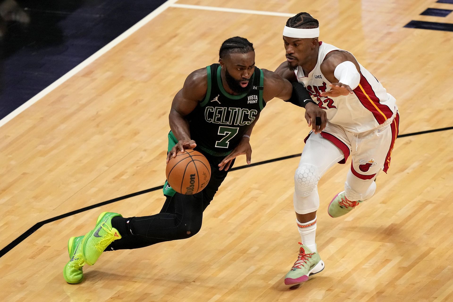 Jaylen Brown of the Boston Celtics against Jimmy Butler of the Miami Heat.