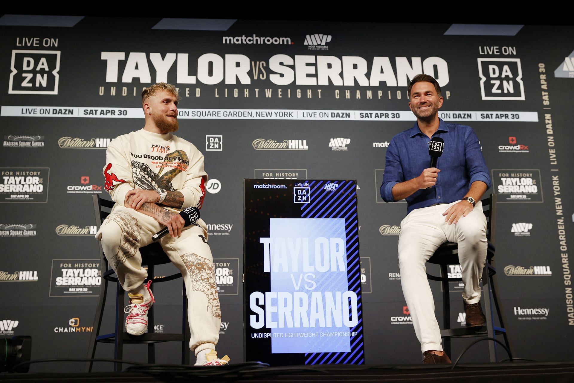 Jake Paul (left) and Eddie Hearn (right) at Katie Taylor vs. Amanda Serrano - Weigh-in (Image via Getty)