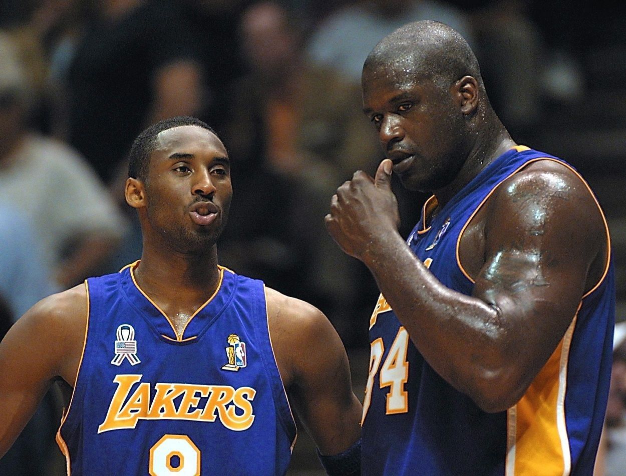 LA Lakers legends Shaquille O&#039;Neal, right, and Kobe Bryant