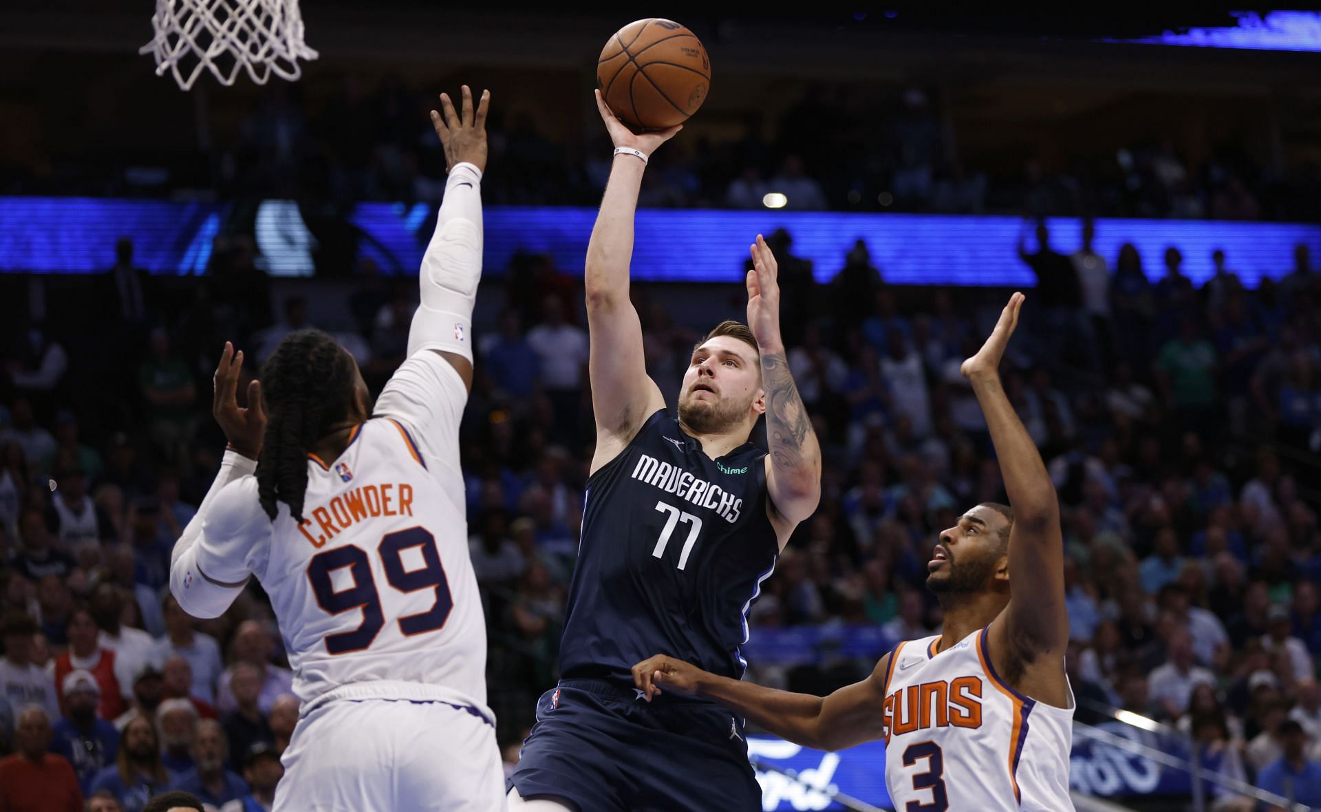 Luka Doncic #77 of the Dallas Mavericks shoots the ball against the Phoenix Suns during Game Six of the 2022 NBA Playoffs Western Conference Semifinals at American Airlines Center on May 12, 2022 in Dallas, Texas.