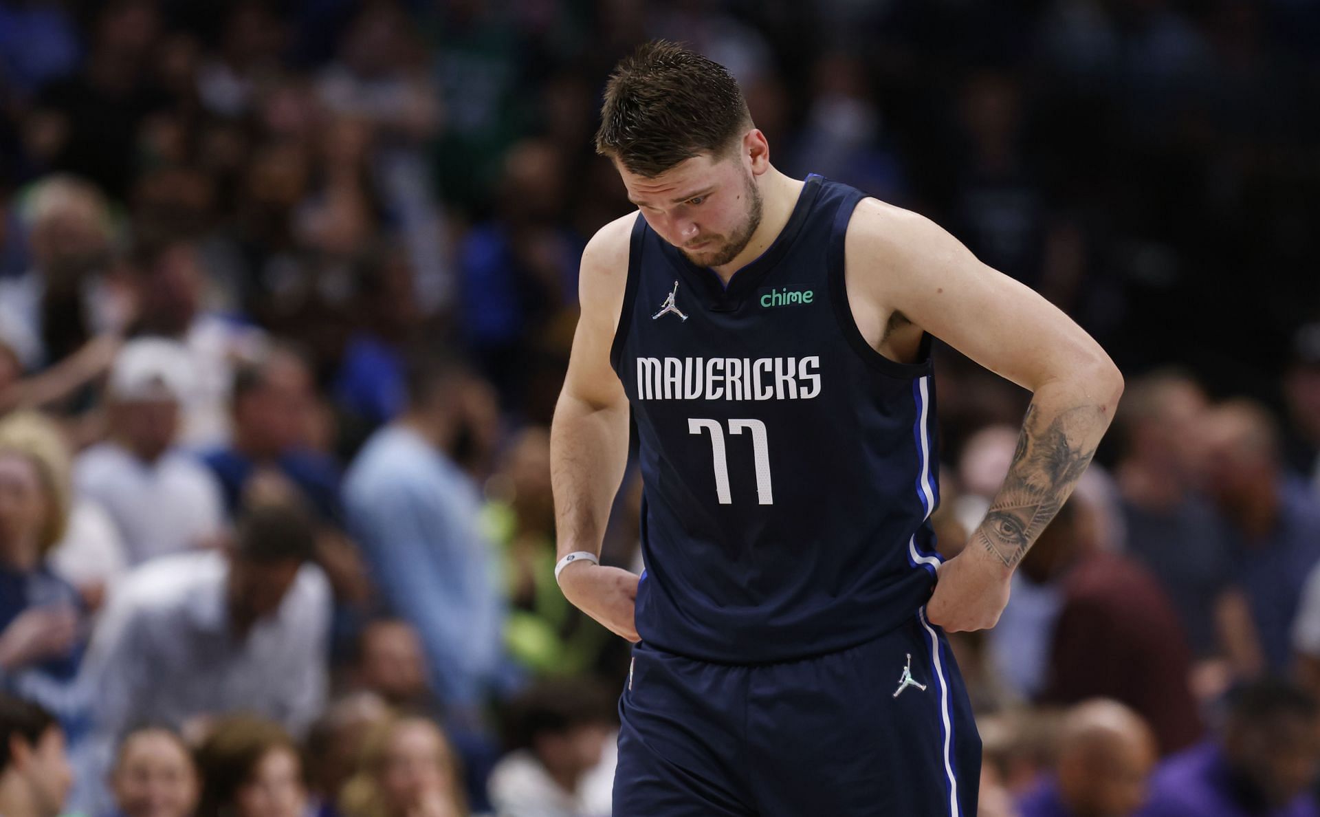 Luka Doncic #77 of the Dallas Mavericks looks on against the Phoenix Suns during Game Six of the 2022 NBA Playoffs Western Conference Semifinals at American Airlines Center on May 12, 2022 in Dallas, Texas.