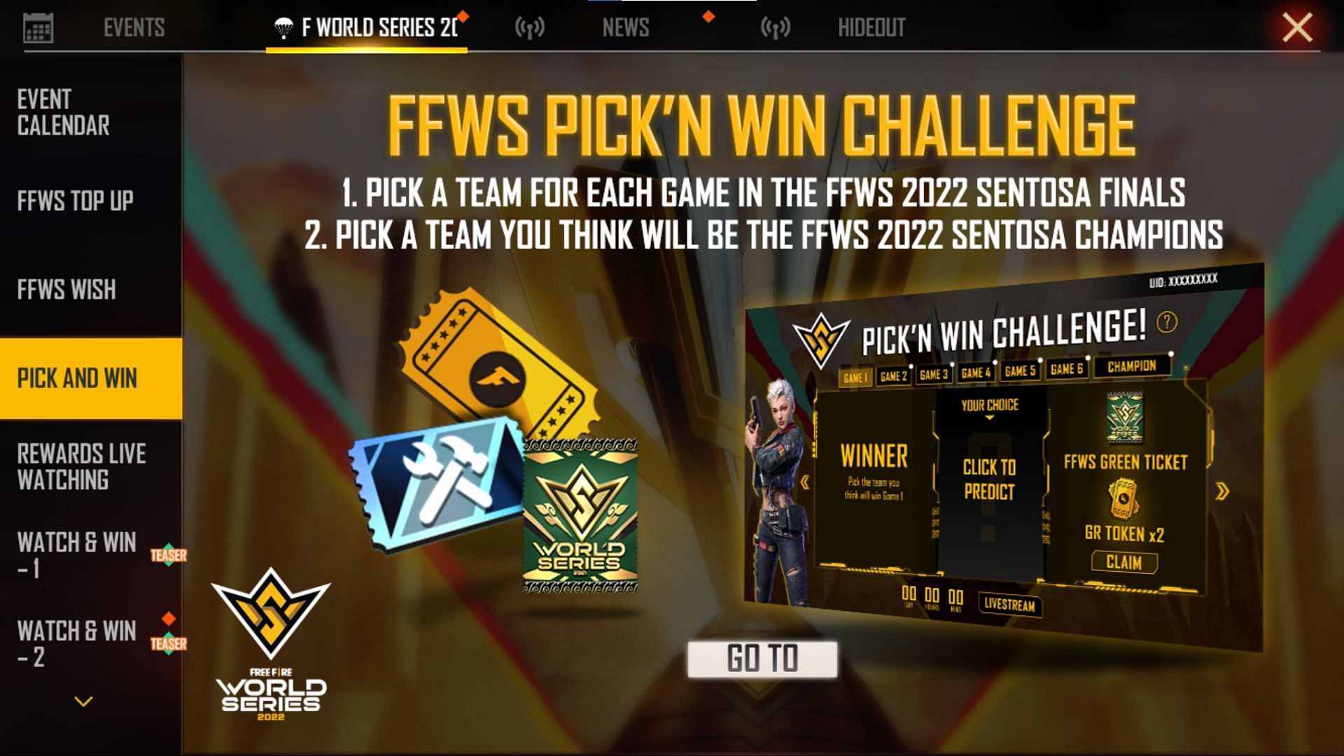 After tapping on the Pick and Win section in Free Fire MAX, press the &#039;Go To&#039; button (Image via Garena)