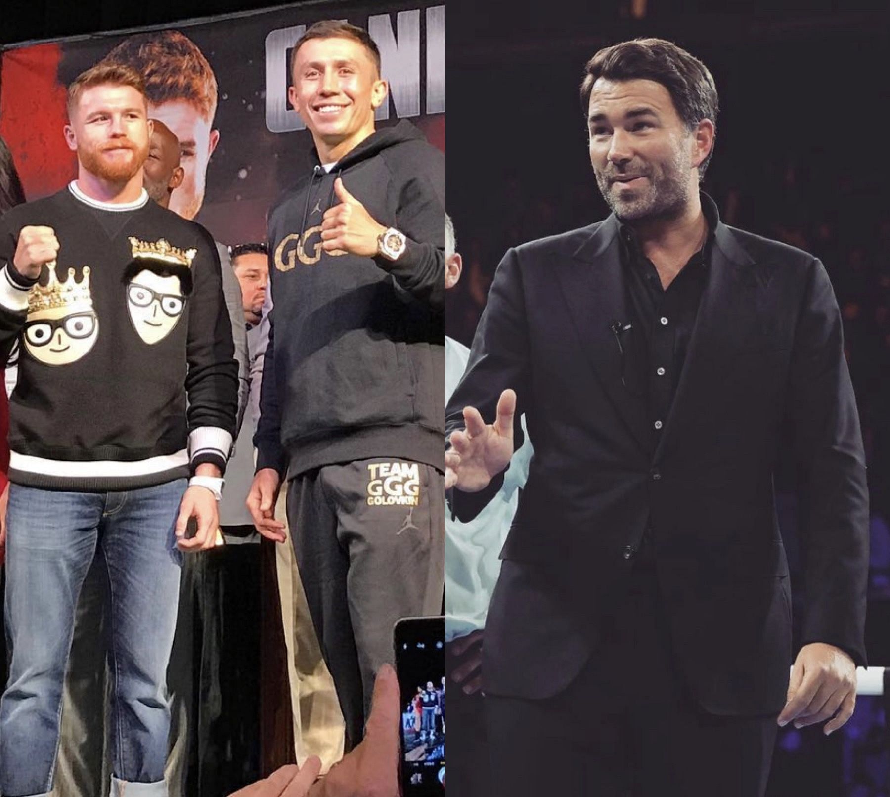 Saul &#039;Canelo&#039; Alvarez (left), &#039;GGG&#039; Gennadiy Golovkin (middle), Eddie Hearn (right)