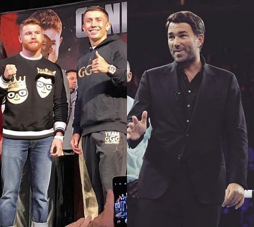 Saul 'Canelo' Alvarez (left), 'GGG' Gennadiy Golovkin (middle), Eddie Hearn (right)