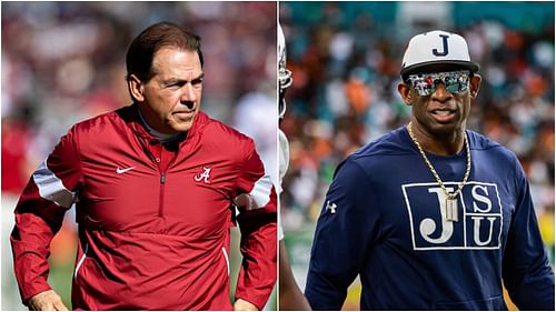 Alabama HC Nick Saban (l) and Jackson State HC Deion Sanders (r). Source: Daily Snark