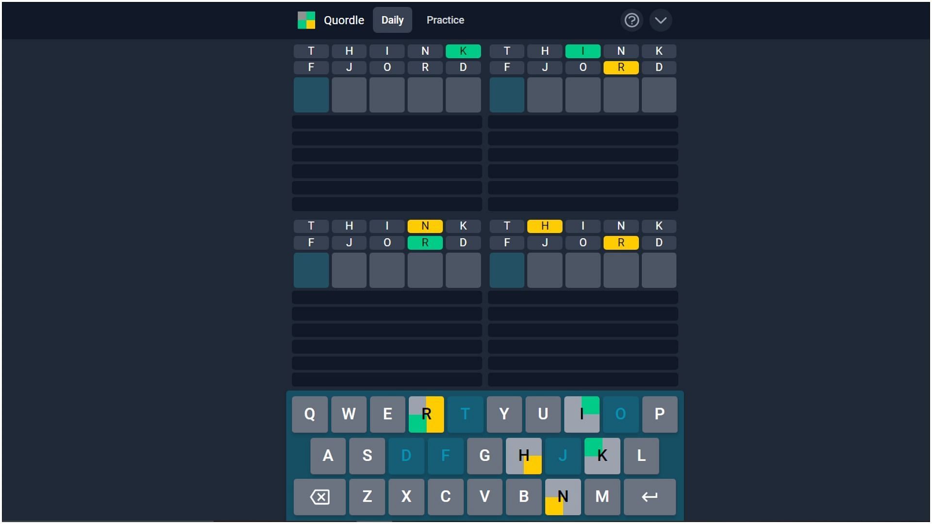 Players have to solve four Wordle grids in one Quordle game (Image via Quordle)