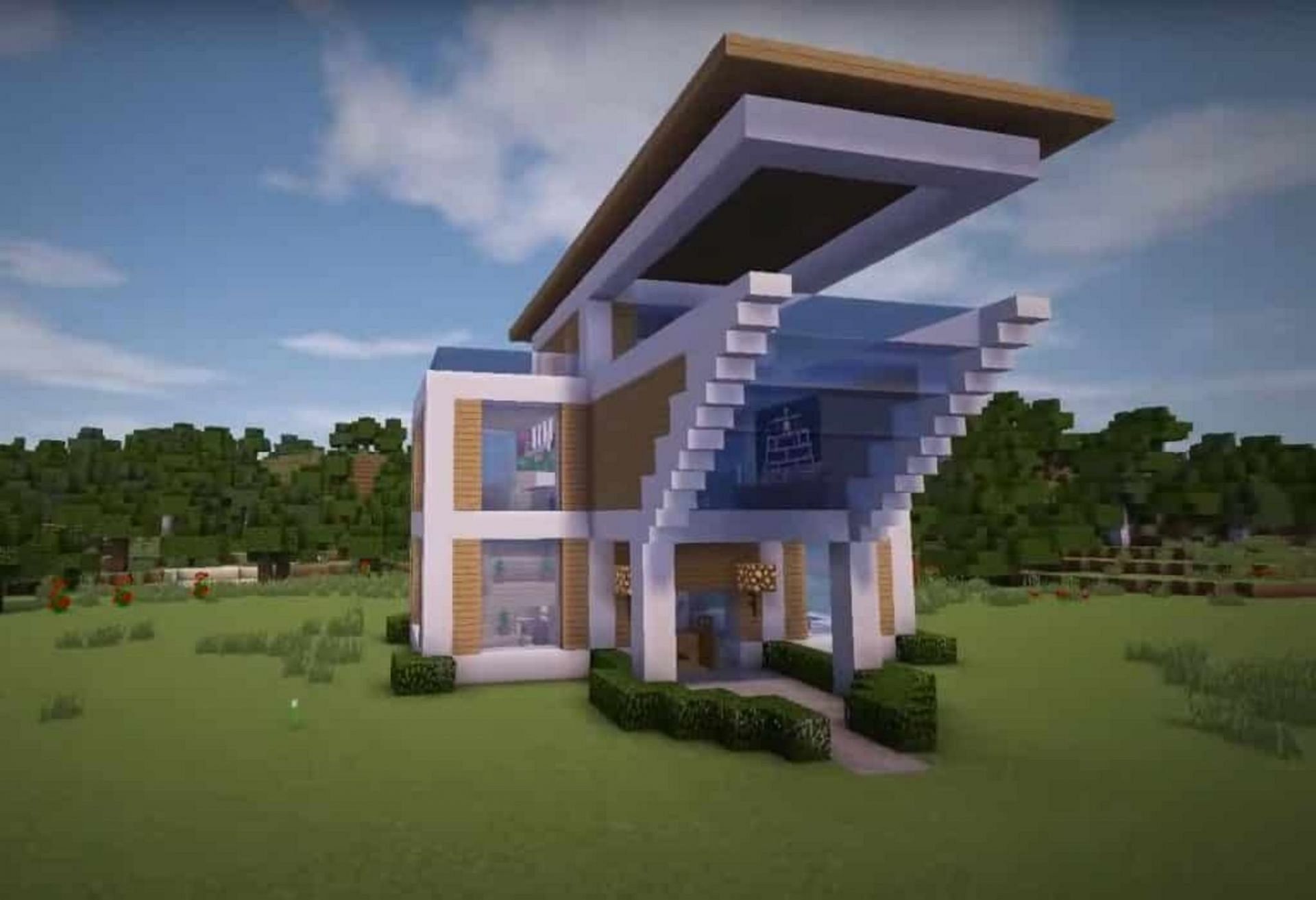Modern mansions can take many forms, including the implementation of overhangs (Image via Greg Builds/YouTube)
