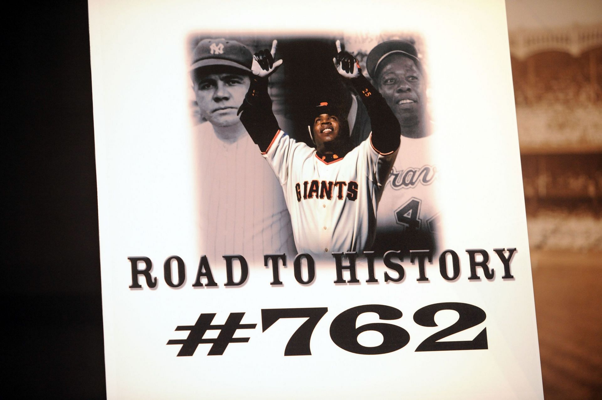 A close-up of a poster at the press conference for Barry Bonds' 762nd home run