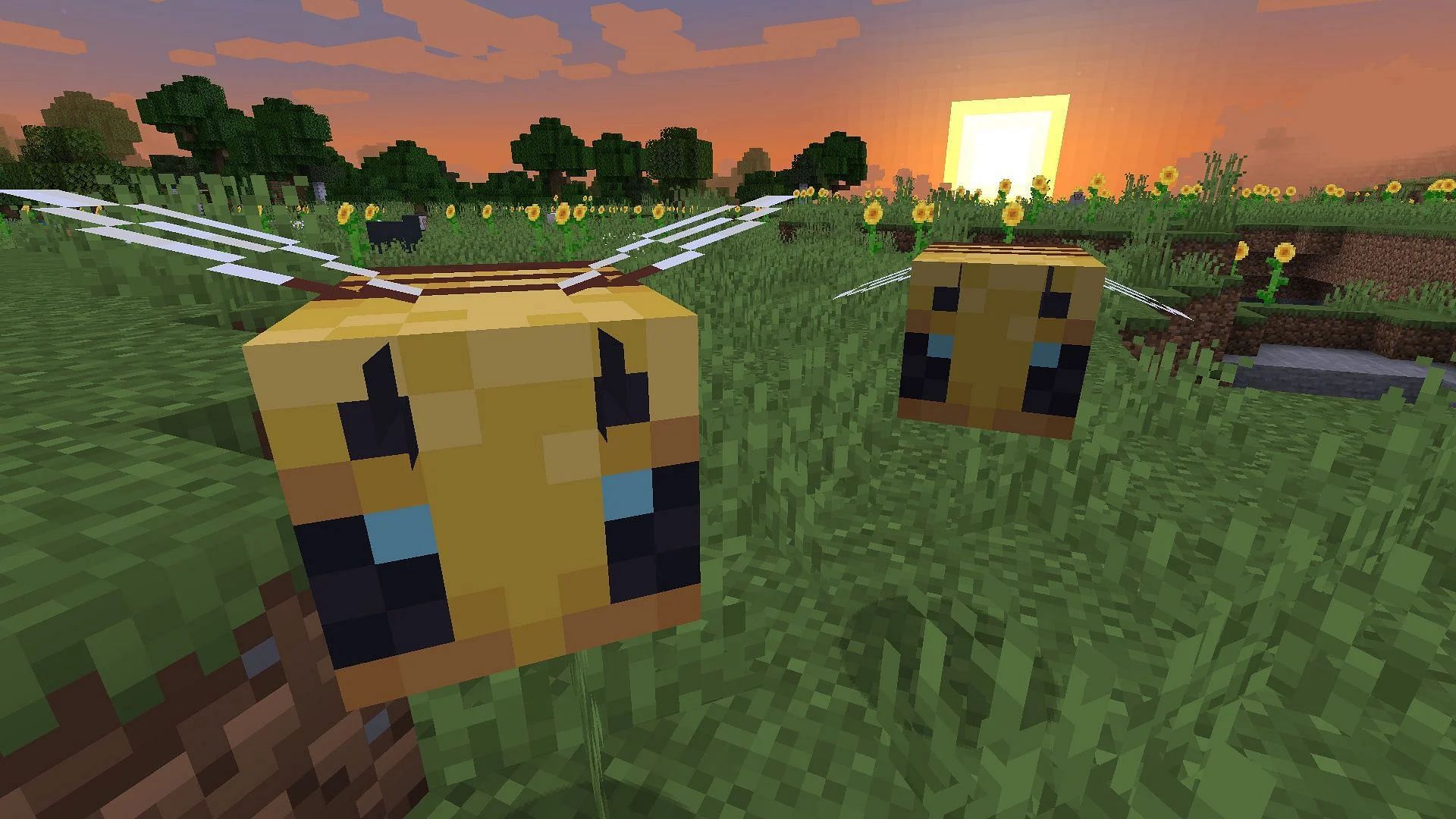 Bees flying around in a plains biome (Image via Minecraft)