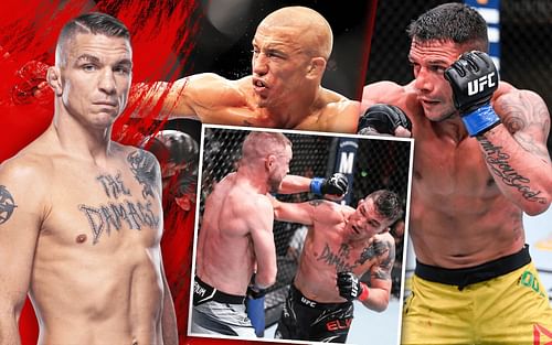 (Back images L to R) Darren Elkins (via ufc.com), Georges St-Pierre and Rafael dos Anjos, (Front image) Elkins vs. Tristan Connelly (via @ufc on Instagram),