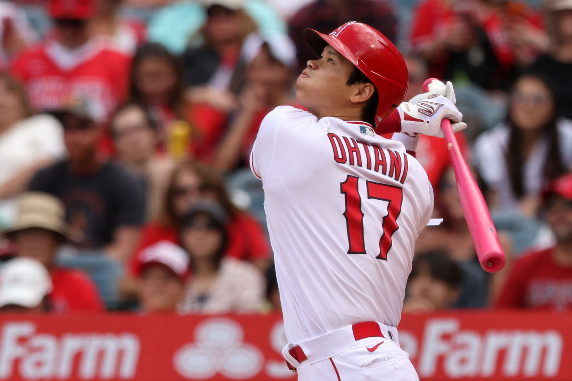 Shohei Ohtani of the Los Angeles Angels hits in the fifth inning against the Washington Nationals.