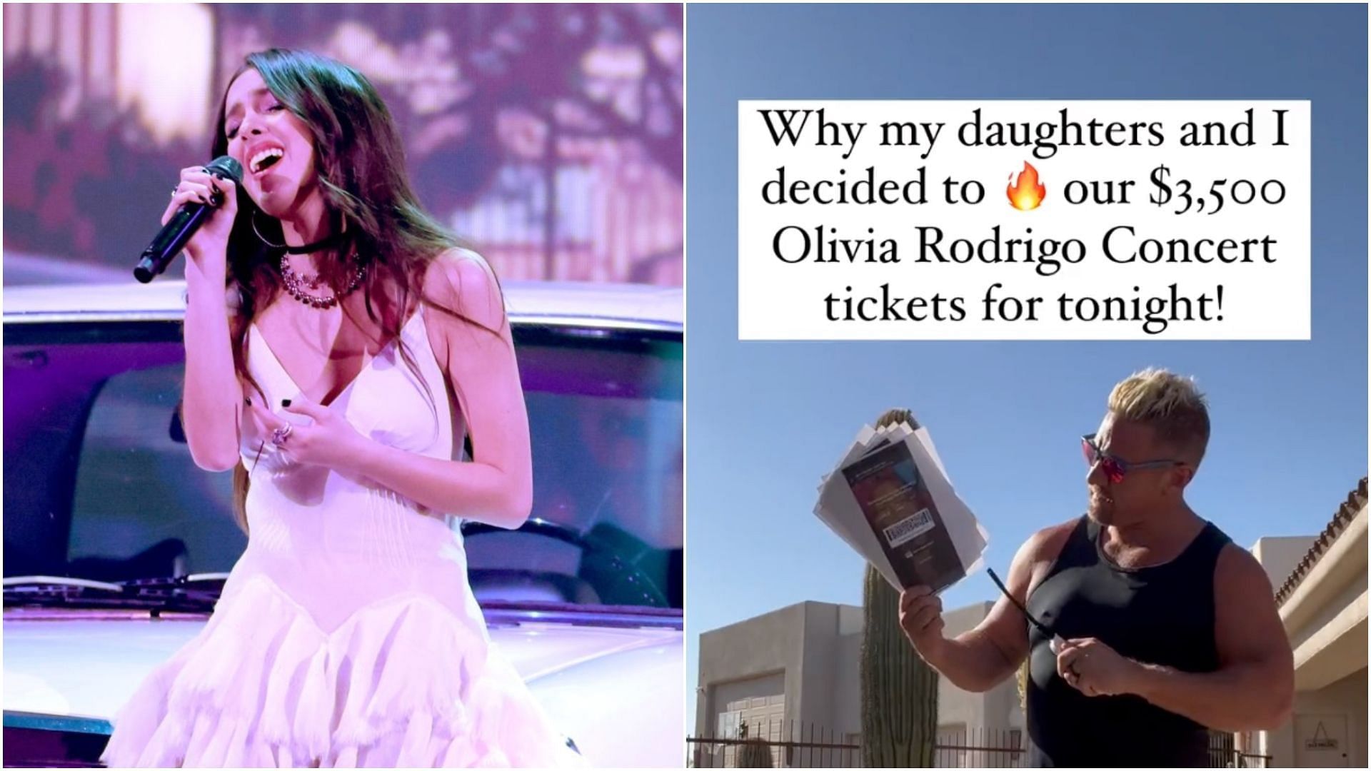 Dad trolled for burning $3500 Olivia Rodrigo concert tickets (Images via Getty and Twitter)