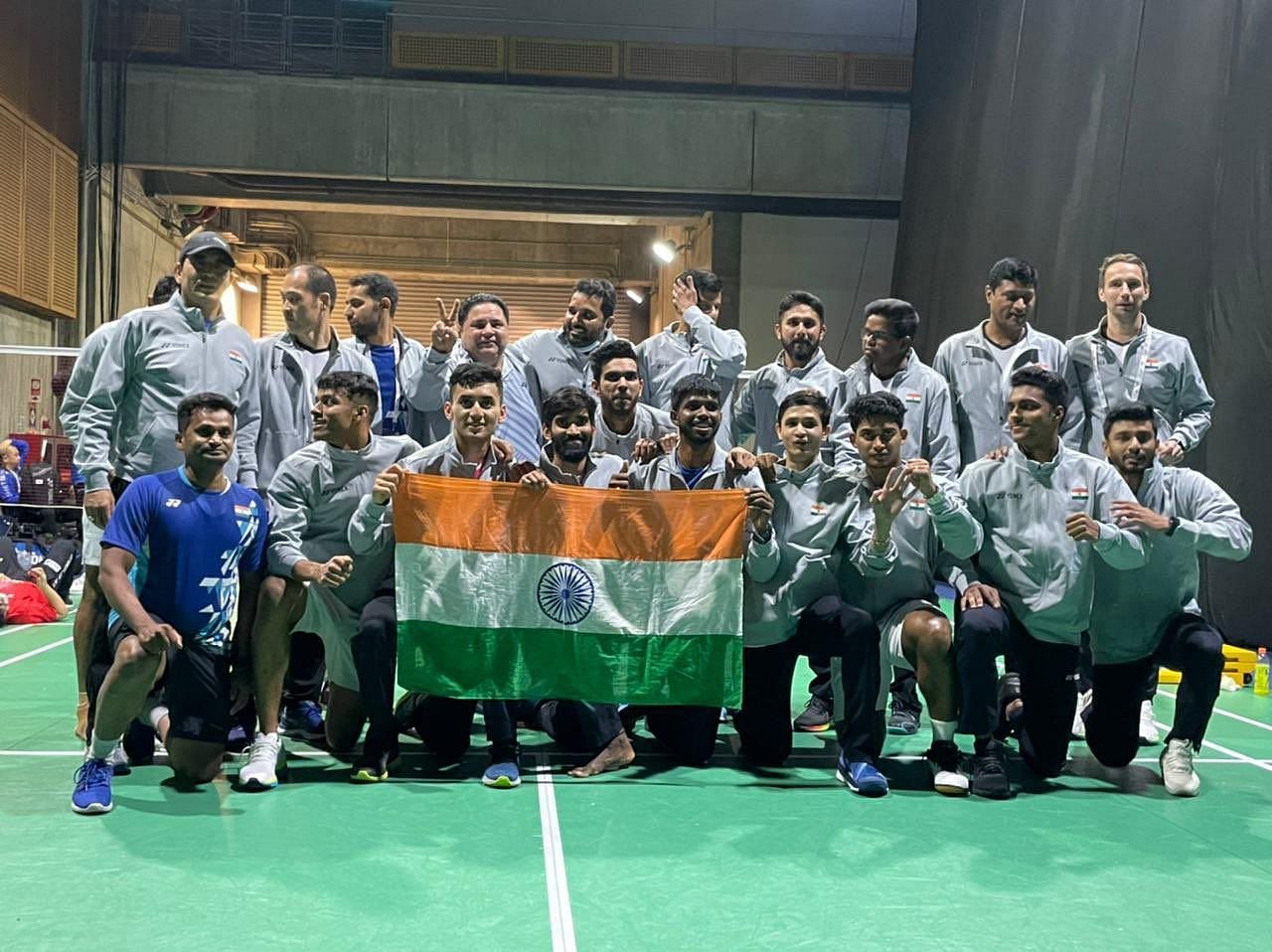 The Indian team after beating Denmark in the Thomas Cup semi-finals. (PC: Mathias Boe/Twitter)