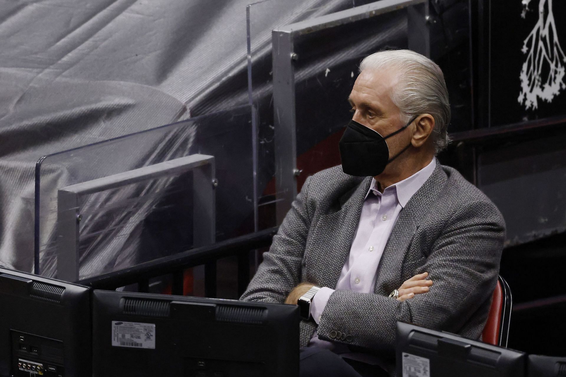 Pat Riley of the Miami Heat looks on against the New Orleans Pelicans