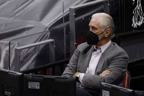 Pat Riley of the Miami Heat looks on against the New Orleans Pelicans