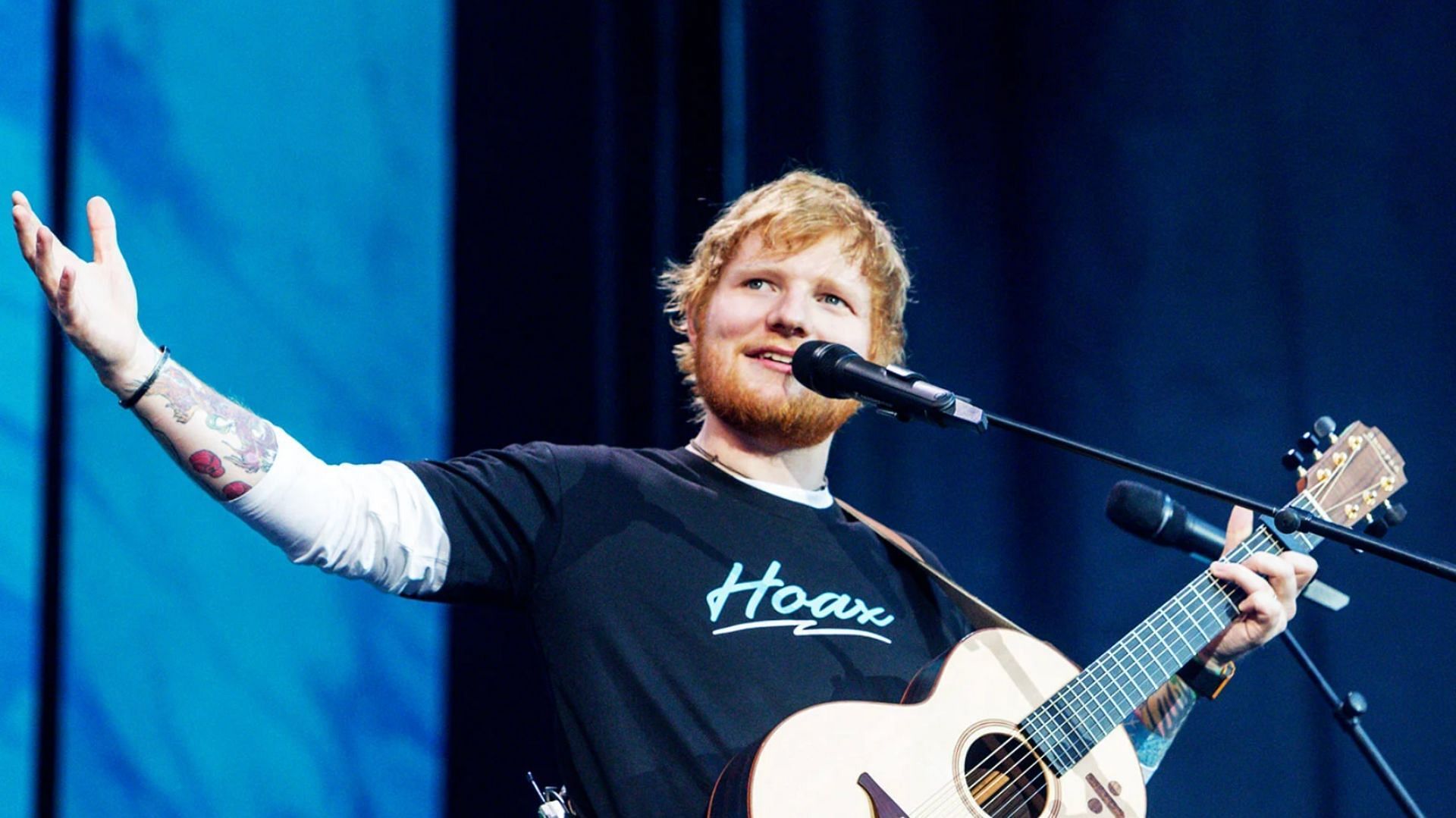 Ed Sheeran performing. (Image via Ricordo Rubio / Getty Images)