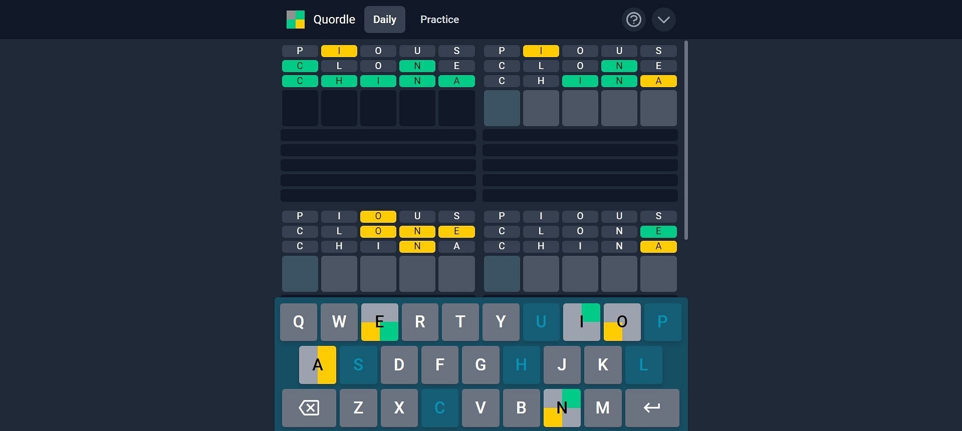 The answers for today&#039;s puzzle contain a repetition of letters (Image via Quordle)