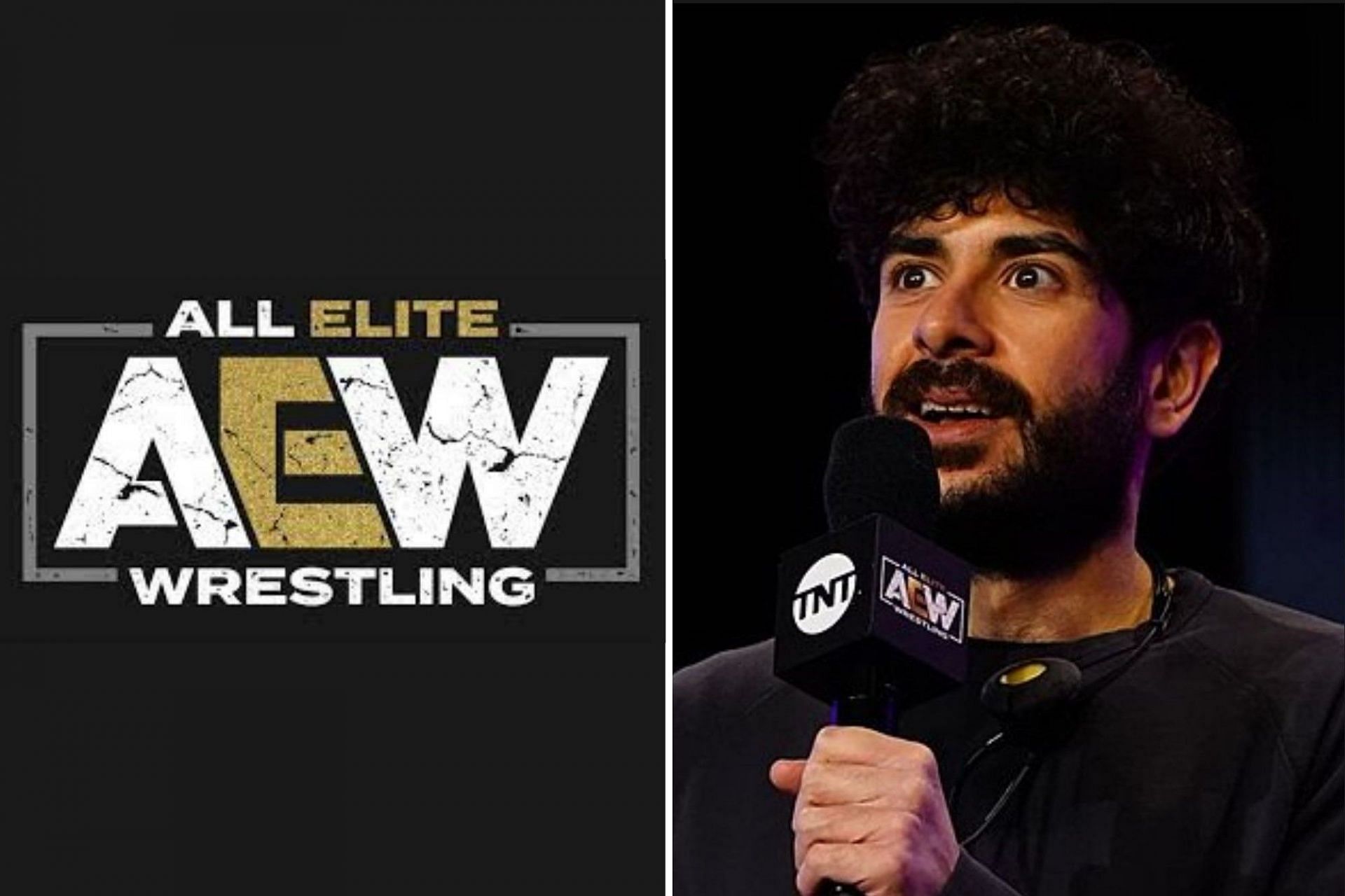 AEW logo (left) and Tony Khan (right)