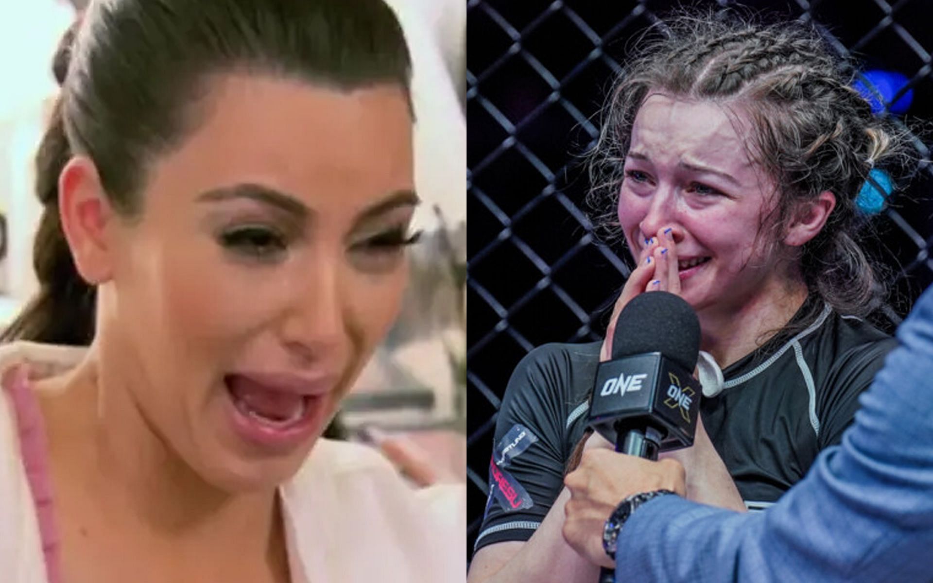 Danielle Kelly (R) compared her crying photo to Kim Kardashian&#039;s (L) internet-famous photo. | [Photos: ONE Championship/Buzzfeed]