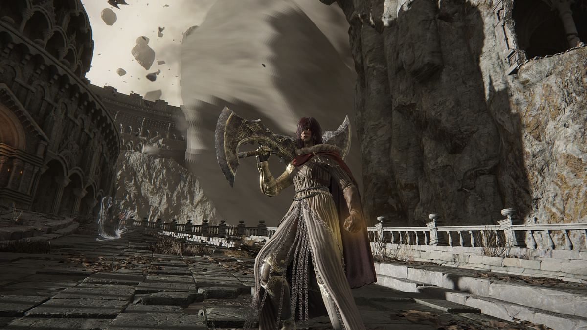 A player wields the Beastman&#039;s Cleaver after taking it from an Azula Beastman (Image via FromSoftware Inc.)