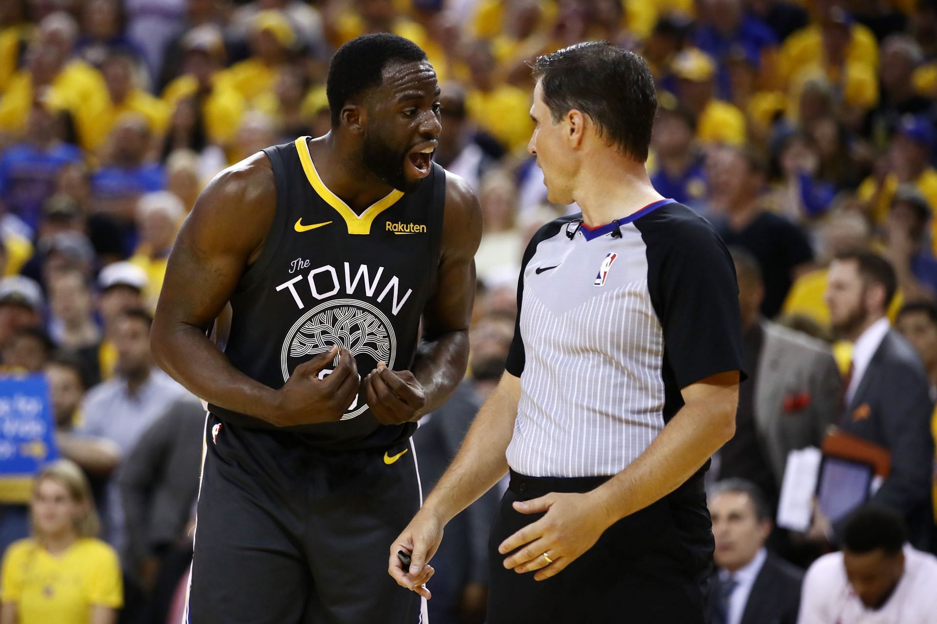 Draymond Green in an arguement with a referee during the 2019 NBA Finals