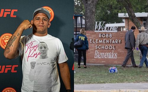 Gilbert Burns (L) reacts to Texas school shooting (R)[ Image credits: Instagram/GilbertBurns; Robb elementary school via. Al-Jazeera]