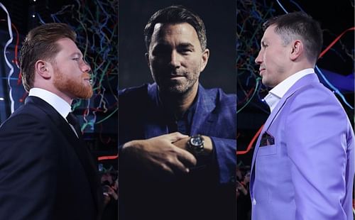 Canelo Alvarez (left), Eddie Hearn (center), Gennadiy Golovkin (right)