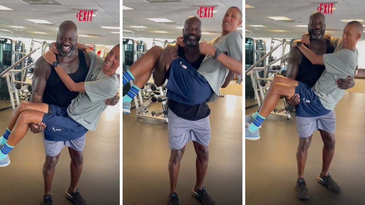 Shaquille O&#039;Neal showed off his strength by curling Reggie Miller. [Photo: YouTube]
