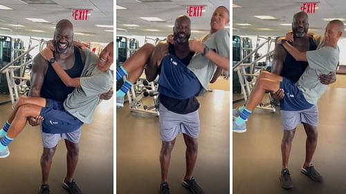 Shaquille O'Neal showed off his strength by curling Reggie Miller. [Photo: YouTube]