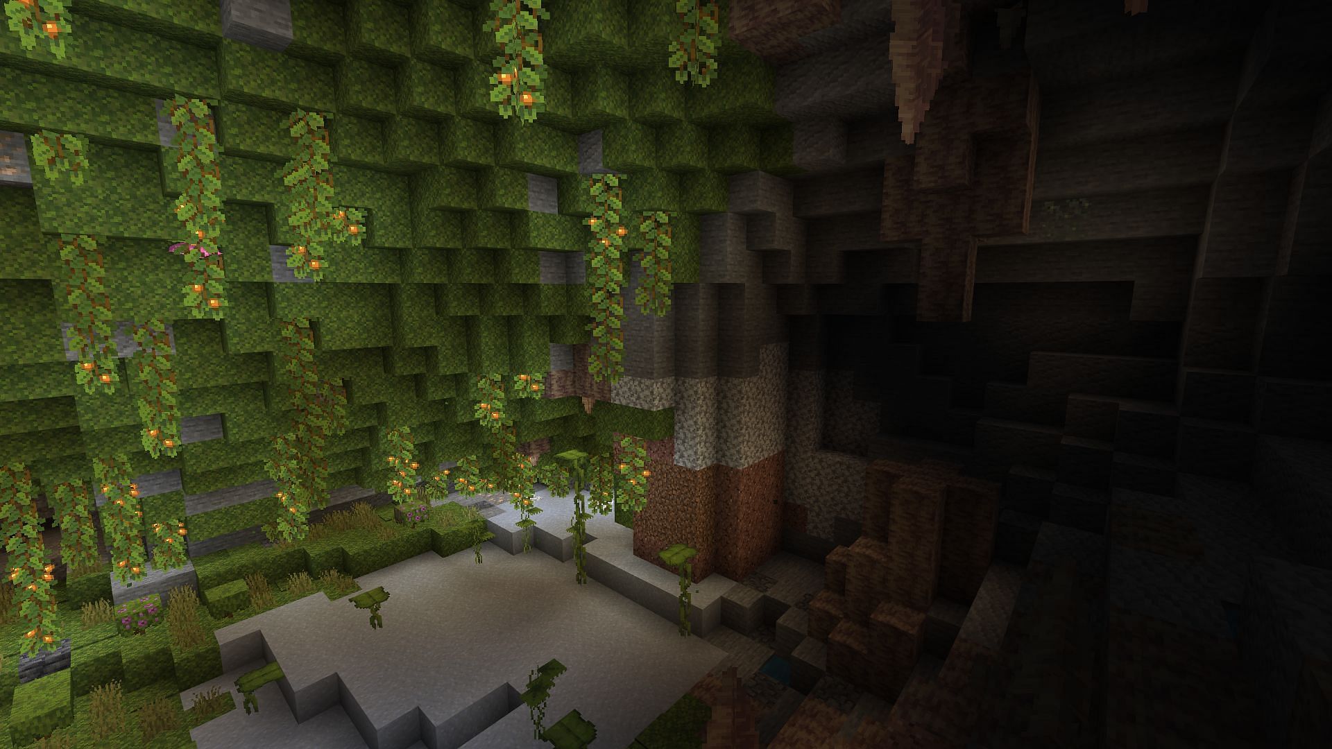 The lush dripstone cave found directly underneath the spawn point (Image via Minecraft)