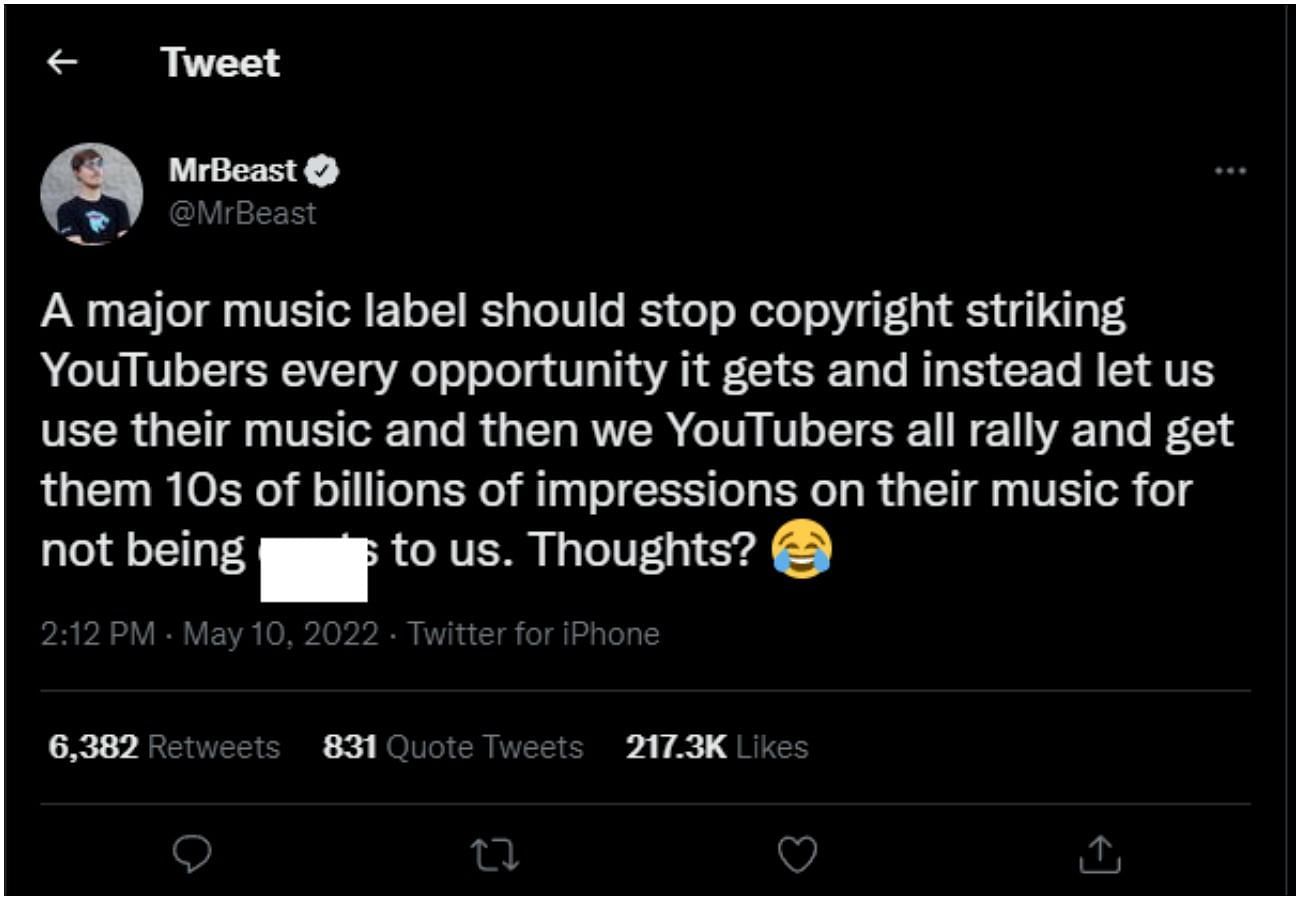 MrBeast had a few things to say about copyright strikes, leading to a fiery debate on Twitter (Image via MrBeast/Twitter)
