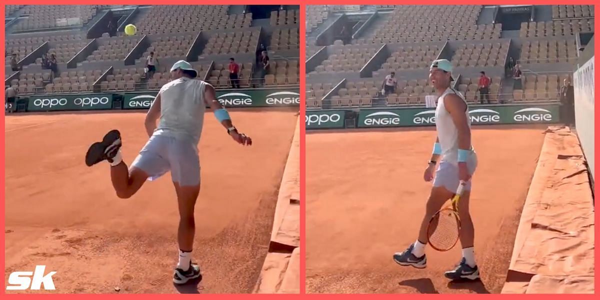 Rafael Nadal shows his football skills on the tennis court